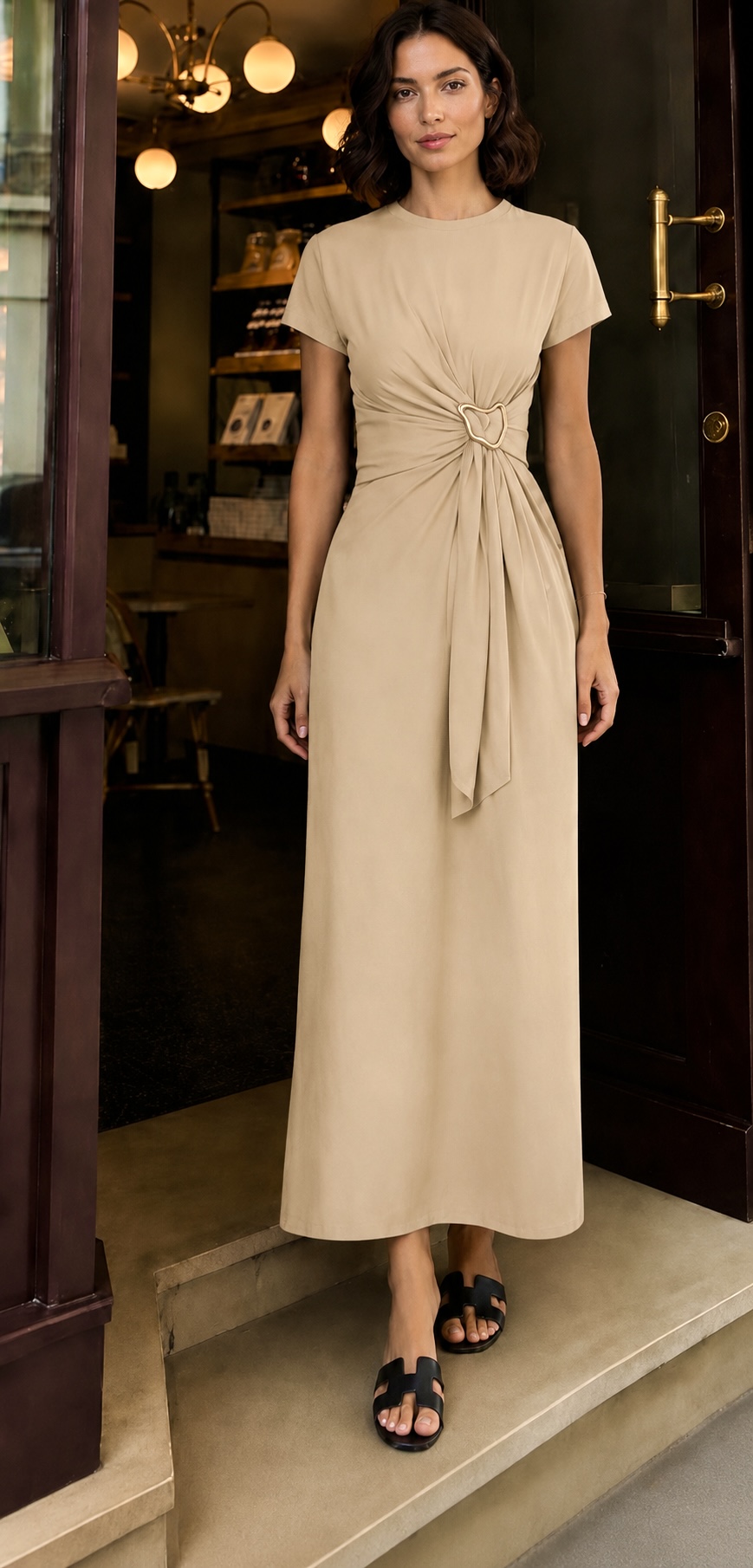 Robe boucle demi manche — Beige